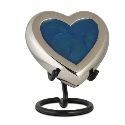Heart-shaped keepsake urn in pewter with a soft grey finish and blue detailing