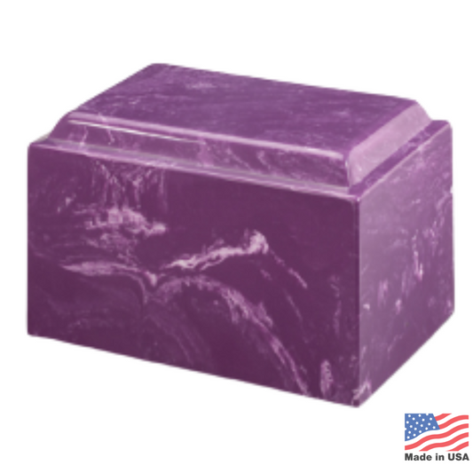 Deep purple stone cremation urn with a rounded body and polished mottled surface