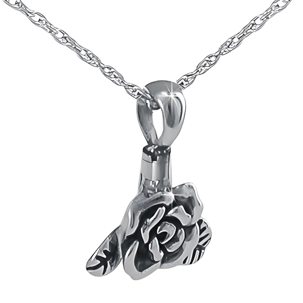 Stainless steel rose pendant with tightly folded petals, hanging from a chain