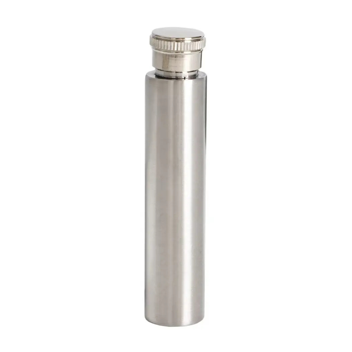 Slim cylindrical stainless steel scattering tube with a brushed finish and screw-on cap