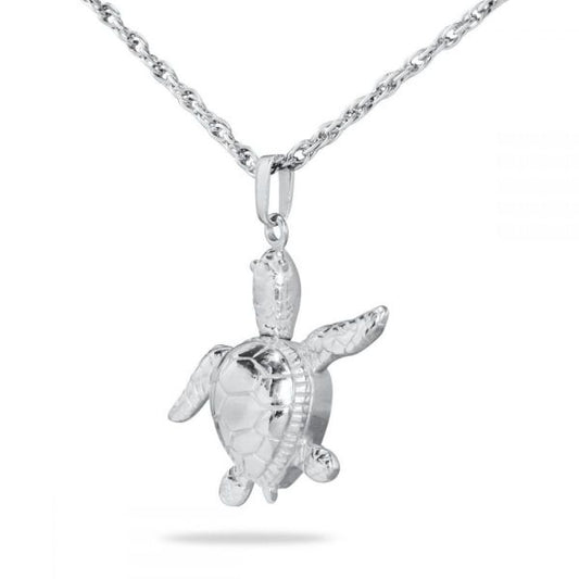 Stainless steel turtle pendant with a patterned shell, about an inch across, on a chain